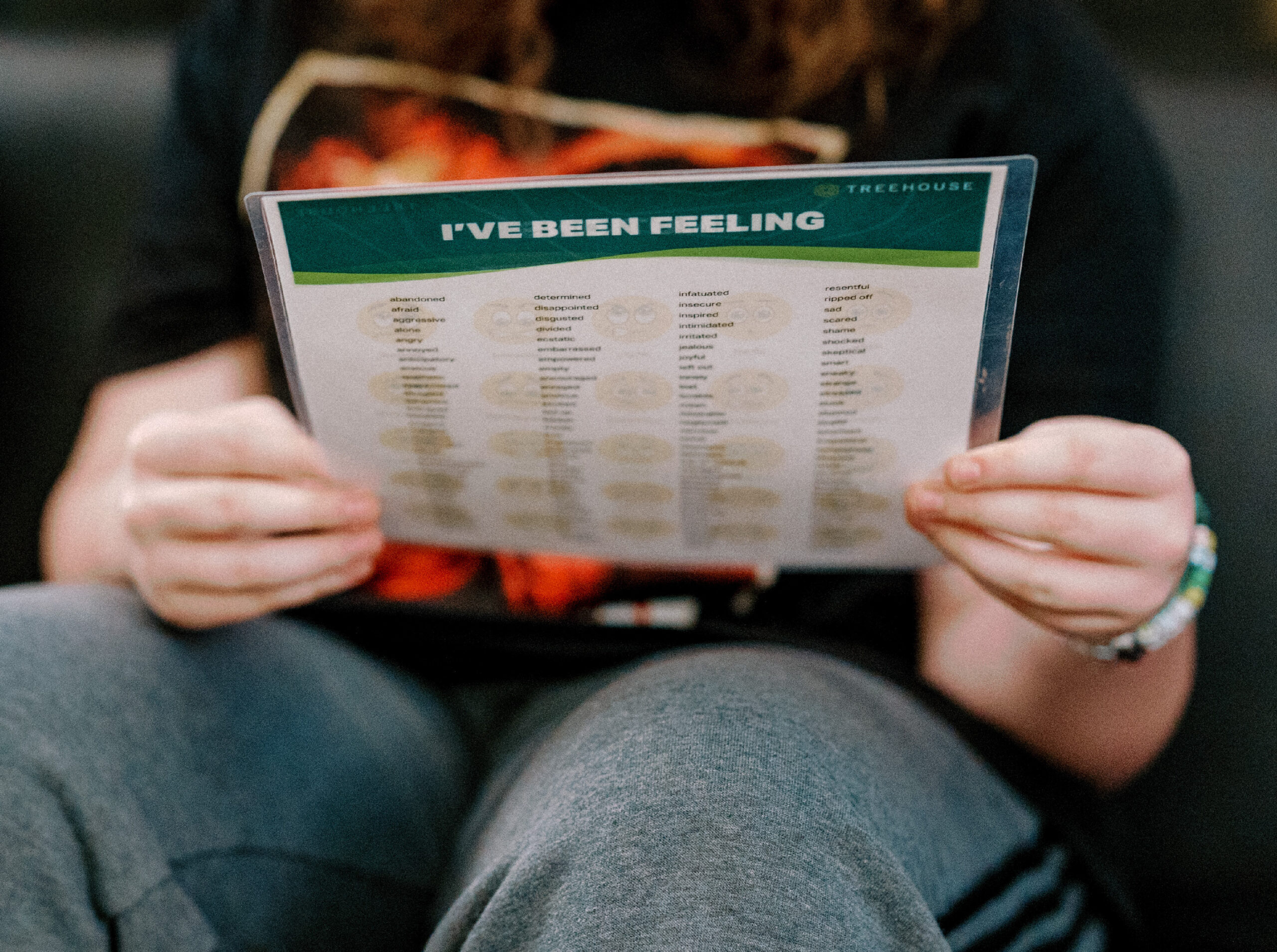 Ministry's Deadliest Challenge. Teen holds "I have been feeling" chart up during Support Group